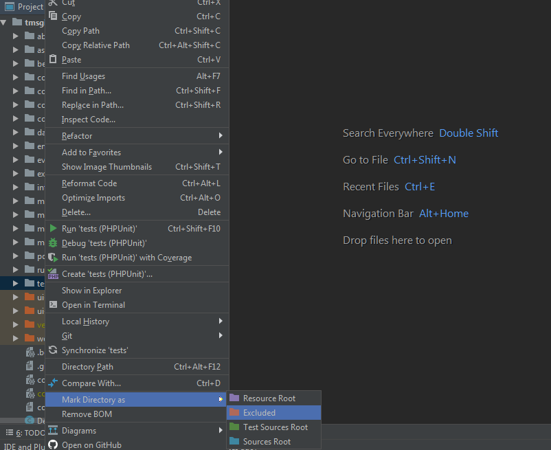 PhpStorm, заборона індексації та пошуку в папці