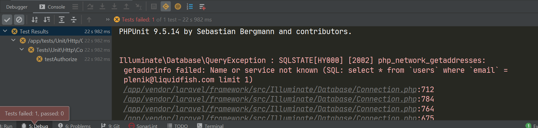Laravel test unit getaddrinfo failed: Name or service not known